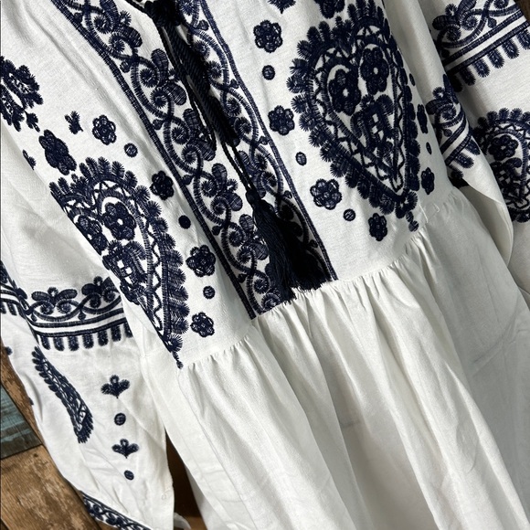 Bohemian thick White and Blue Embroidered Dress with tassel tie top - Picture 13 of 16
